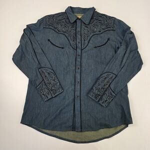 Scully Western Embroidered Pearl Snap Navy Blue L/S Button-Up Shirt Medium